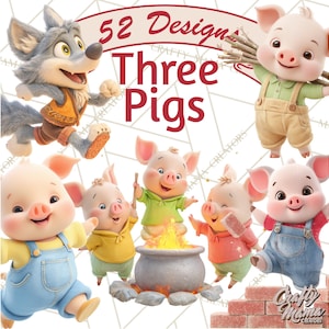 May include: A digital illustration featuring characters from the Three Little Pigs fairy tale. The image includes a wolf and several pigs, with text that reads "52 Designs Three Pigs". The pigs are wearing various outfits and are near a fire.