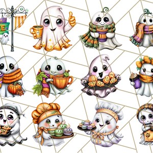 May include: A collection of cute cartoon ghosts in various poses, some holding coffee cups, baked goods, and wearing scarves. One ghost is giving a thumbs up. The image includes a sign that says "Haunted Cafe". The ghosts are white with big eyes.