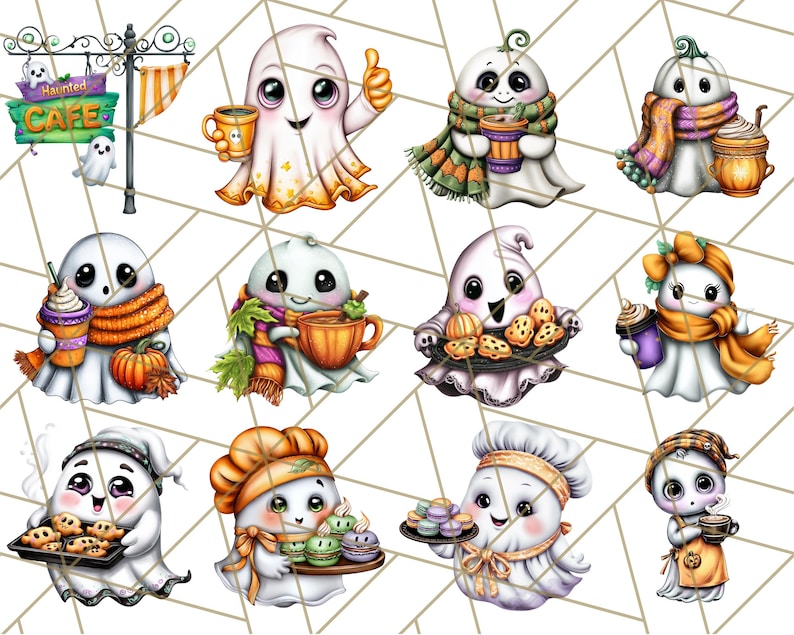 May include: A collection of cute cartoon ghosts in various poses, some holding coffee cups, baked goods, and wearing scarves. One ghost is giving a thumbs up. The image includes a sign that says "Haunted Cafe". The ghosts are white with big eyes.