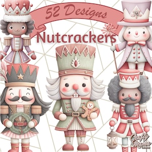 以下が含まれることがあります： さまざまな衣装を着たくるみ割り人形の水彩画風イラストのコレクション。デザインはピンク、緑、ゴールドのカラーパレットを使用しています。「52 Designs Nutcrackers」というテキストが上部に表示されています。