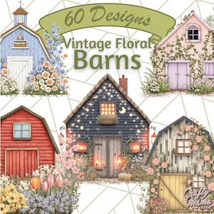 以下が含まれることがあります： 60 Designs Vintage Floral Barns. 60種類のヴィンテージフラワーバーンデザインのデジタルダウンロード。デザインは、白いトリムが付いた青い納屋、白いトリムが付いた赤い納屋、白いトリムが付いた黒い納屋、白いトリムが付いたピンクの納屋など、さまざまなスタイルを特徴としています。各納屋は花と緑に囲まれています。