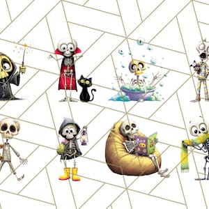 May include: A collection of whimsical skeleton illustrations in various poses. One skeleton wears a Grim Reaper costume, another a vampire cape, and others are shown in a bathtub, reading, and knitting. The background has a geometric pattern.