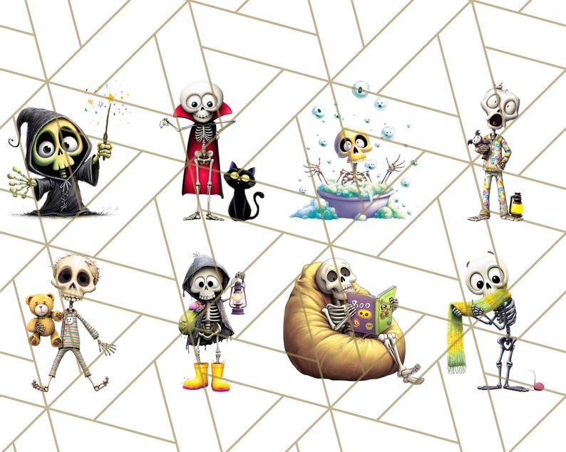 May include: A collection of whimsical skeleton illustrations in various poses. One skeleton wears a Grim Reaper costume, another a vampire cape, and others are shown in a bathtub, reading, and knitting. The background has a geometric pattern.