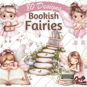 Bookish Fairy PNG Clipart, Cute Fairy with Books, Scrolls, Glasses, Cozy Reading Nooks, Whimsical Fantasy Cartoon Clip Art Png Files