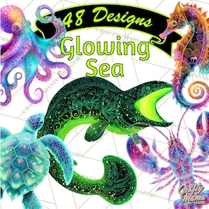 May include: A digital art image featuring various sea creatures with a glowing effect. The image includes an octopus, seahorse, eel, turtle, and lobster, all in vibrant colors. Text reads "48 Designs Glowing Sea."