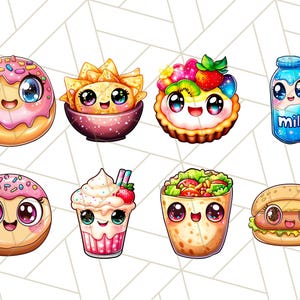 Puede incluir: Un conjunto de ocho ilustraciones de comida de dibujos animados que presentan una dona, nachos, una tarta de frutas, un cart&oacute;n de leche, una dona, un batido, un burrito y una hamburguesa. Cada art&iacute;culo de comida tiene una cara linda con ojos grandes y una sonrisa.