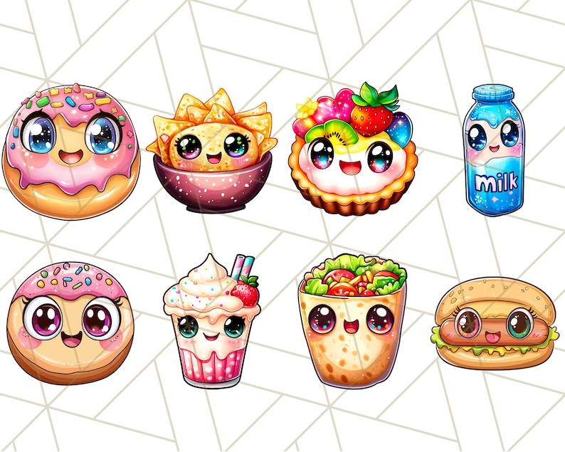 Puede incluir: Un conjunto de ocho ilustraciones de comida de dibujos animados que presentan una dona, nachos, una tarta de frutas, un cart&oacute;n de leche, una dona, un batido, un burrito y una hamburguesa. Cada art&iacute;culo de comida tiene una cara linda con ojos grandes y una sonrisa.