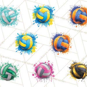 May include: Watercolor illustrations of volleyballs in various color schemes, including teal, yellow, orange, pink, and black. Each ball is surrounded by a splash of paint, creating a dynamic and artistic effect. The balls are set against a white background.