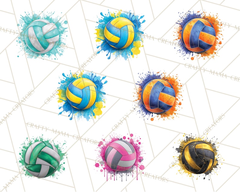 May include: Watercolor illustrations of volleyballs in various color schemes, including teal, yellow, orange, pink, and black. Each ball is surrounded by a splash of paint, creating a dynamic and artistic effect. The balls are set against a white background.