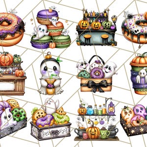 May include: A collection of Halloween-themed illustrations featuring donuts, macarons, and coffee cups decorated with ghosts, pumpkins, and spiderwebs. The images have a cartoon style with vibrant colors and decorative elements.