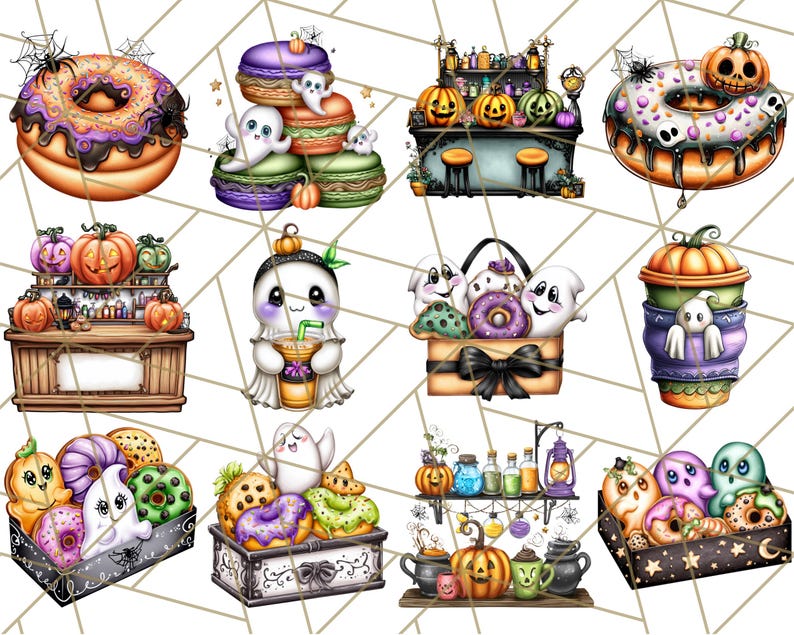 May include: A collection of Halloween-themed illustrations featuring donuts, macarons, and coffee cups decorated with ghosts, pumpkins, and spiderwebs. The images have a cartoon style with vibrant colors and decorative elements.