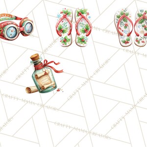 May include: Watercolor illustration of Christmas-themed items. Includes goggles with a festive design, two pairs of flip-flops with holly and berry accents, and a bottle with a scroll inside. The items are set against a white background.