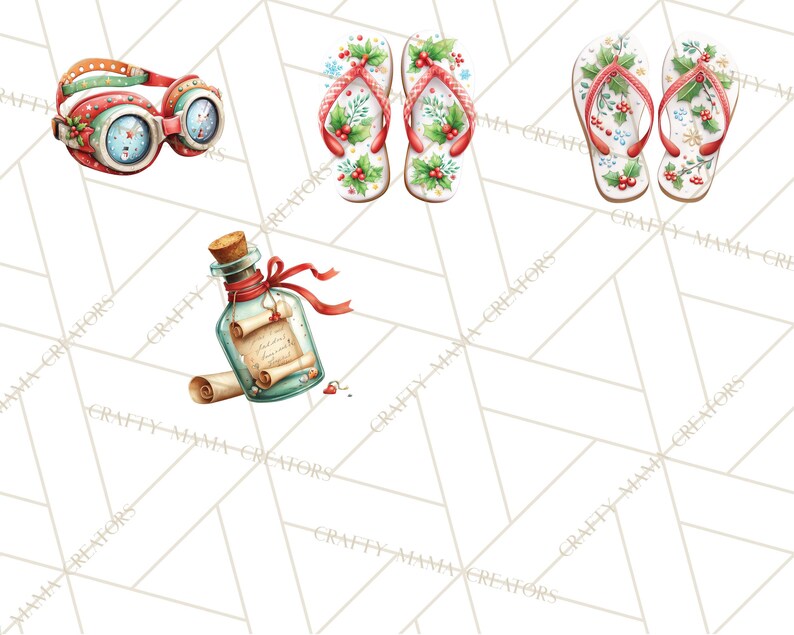 May include: Watercolor illustration of Christmas-themed items. Includes goggles with a festive design, two pairs of flip-flops with holly and berry accents, and a bottle with a scroll inside. The items are set against a white background.