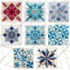 Peut inclure: Collection de sept blocs de courtepointe carr&eacute;s avec des motifs floraux et g&eacute;om&eacute;triques complexes. La palette de couleurs comprend des nuances de rouge, de sarcelle, de bleu et de blanc. Chaque bloc pr&eacute;sente des coutures d&eacute;taill&eacute;es et des motifs vari&eacute;s.