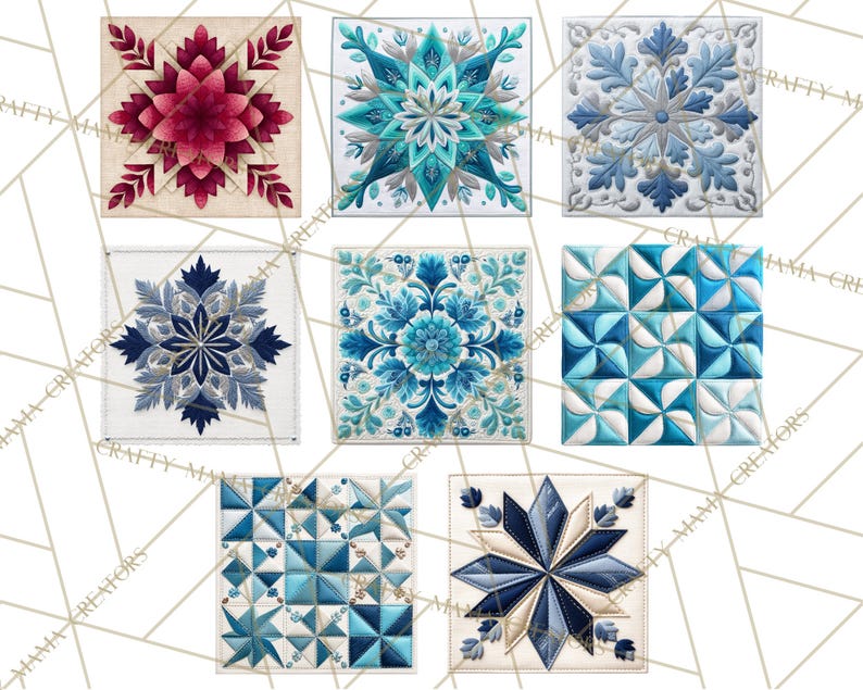 Peut inclure: Collection de sept blocs de courtepointe carr&eacute;s avec des motifs floraux et g&eacute;om&eacute;triques complexes. La palette de couleurs comprend des nuances de rouge, de sarcelle, de bleu et de blanc. Chaque bloc pr&eacute;sente des coutures d&eacute;taill&eacute;es et des motifs vari&eacute;s.