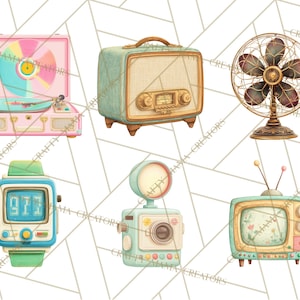 May include: Watercolor illustration of vintage electronics including a pink record player, a teal radio, a bronze fan, a digital watch, a camera, and a teal television. The background is a white geometric pattern.