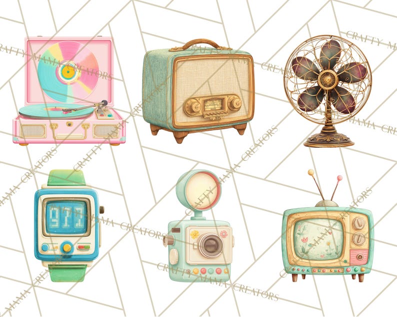 May include: Watercolor illustration of vintage electronics including a pink record player, a teal radio, a bronze fan, a digital watch, a camera, and a teal television. The background is a white geometric pattern.
