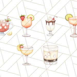 K&ouml;nnte beinhalten: Aquarell-Illustration von sechs verschiedenen Cocktails. Die Getr&auml;nke befinden sich in verschiedenen Gl&auml;sern, darunter ein Becher, eine Coupe und ein Highball-Glas. Garnierungen sind Zitronenscheiben, Erdbeeren, Kirschen und Limetten. Der Hintergrund ist ein wei&szlig;es geometrisches Muster.