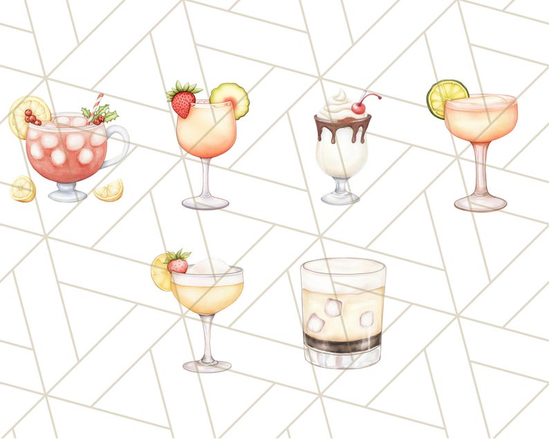 K&ouml;nnte beinhalten: Aquarell-Illustration von sechs verschiedenen Cocktails. Die Getr&auml;nke befinden sich in verschiedenen Gl&auml;sern, darunter ein Becher, eine Coupe und ein Highball-Glas. Garnierungen sind Zitronenscheiben, Erdbeeren, Kirschen und Limetten. Der Hintergrund ist ein wei&szlig;es geometrisches Muster.