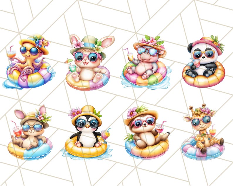 Cute Animal Pool Floaties Clipart, Summer Beach PNG, Cute Animal ...