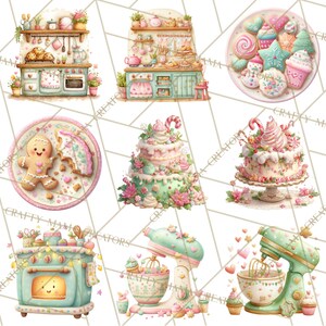 May include: Watercolor illustrations of a bakery theme. The image features a kitchen, cakes, cookies, and a mixer in pastel colors. The style is whimsical and charming, perfect for baking-themed crafts and designs.