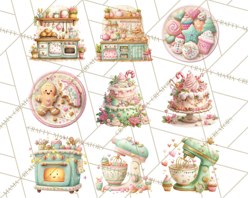 May include: Watercolor illustrations of a bakery theme. The image features a kitchen, cakes, cookies, and a mixer in pastel colors. The style is whimsical and charming, perfect for baking-themed crafts and designs.