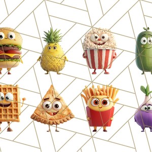 May include: A collection of cartoon food characters with smiling faces. A hamburger, pineapple, popcorn in a red and white striped bucket, a pickle, a waffle, a triangle shaped pastry, french fries in a red box, and a purple onion.