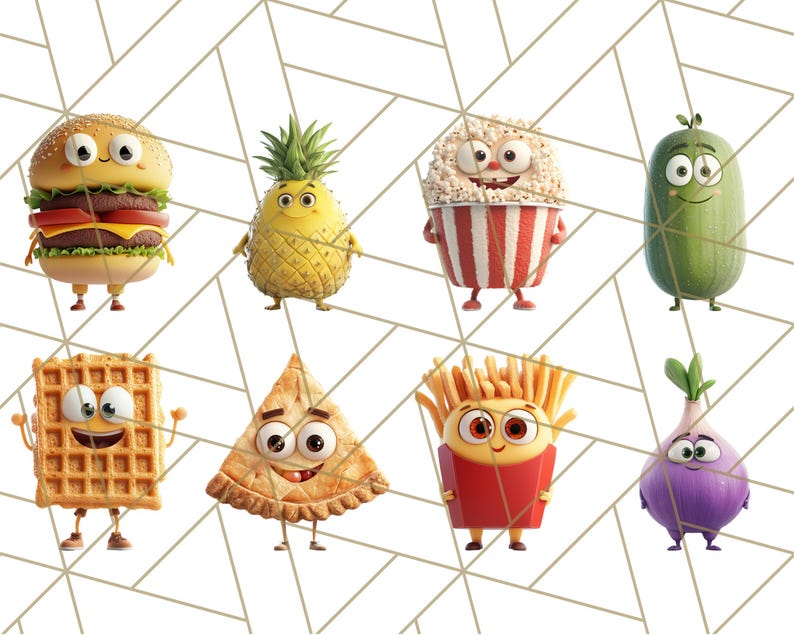 May include: A collection of cartoon food characters with smiling faces. A hamburger, pineapple, popcorn in a red and white striped bucket, a pickle, a waffle, a triangle shaped pastry, french fries in a red box, and a purple onion.