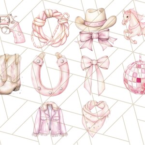 May include: A set of pink and white watercolour illustrations featuring a cowboy hat, boots, a horseshoe, a lasso, a disco ball, a jacket, a scarf, a bow, and a unicorn.