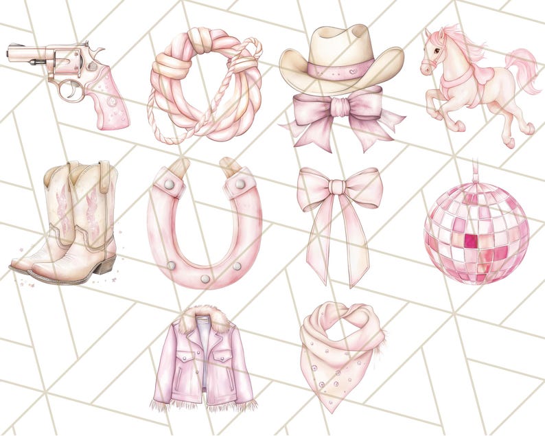May include: A set of pink and white watercolour illustrations featuring a cowboy hat, boots, a horseshoe, a lasso, a disco ball, a jacket, a scarf, a bow, and a unicorn.