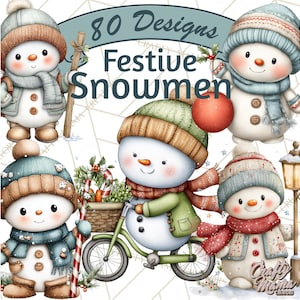 May include: Watercolor illustration featuring several festive snowmen. Each snowman is wearing a hat, scarf, and coat. One snowman is riding a green bicycle. The image includes the text "80 Designs Festive Snowmen."