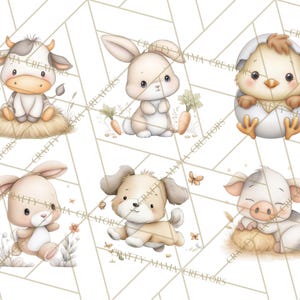 Peut inclure: Illustrations &agrave; l'aquarelle de six adorables animaux de la ferme : une vache, deux lapins, un poussin sortant de l'&oelig;uf, un chiot et un cochon. Chaque animal est repr&eacute;sent&eacute; dans une palette de couleurs pastel, id&eacute;ale pour les enfants.