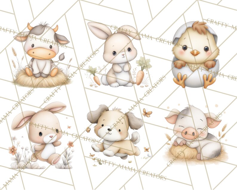 Peut inclure: Illustrations &agrave; l'aquarelle de six adorables animaux de la ferme : une vache, deux lapins, un poussin sortant de l'&oelig;uf, un chiot et un cochon. Chaque animal est repr&eacute;sent&eacute; dans une palette de couleurs pastel, id&eacute;ale pour les enfants.