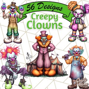 Payaso espeluznante de Halloween (PNG), circo espeluznante (PNG), ilustraciones de carnaval embrujado, gráficos de payaso de Halloween