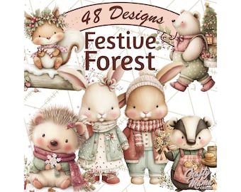 May include: A watercolour illustration with the text "48 Designs Festive Forest." The image depicts charming woodland animals, such as a squirrel, bear, rabbits, hedgehog, and badger, adorned in winter clothing and festive embellishments.