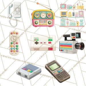 May include: A collection of vintage electronics, including a rotary phone, a radio, a TV, a remote control, a video game console, a camcorder, a handheld game console, and a cell phone. The items are in a watercolor style with pastel colors.