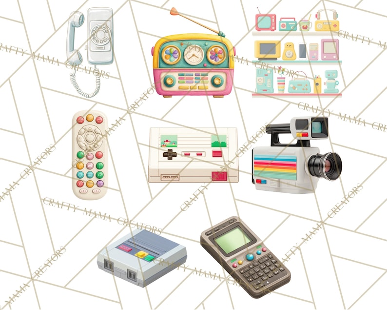May include: A collection of vintage electronics, including a rotary phone, a radio, a TV, a remote control, a video game console, a camcorder, a handheld game console, and a cell phone. The items are in a watercolor style with pastel colors.