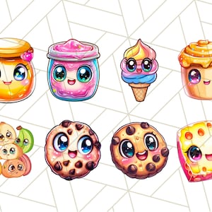 Puede incluir: Un conjunto de ocho personajes de comida de dibujos animados con caras lindas. Los personajes incluyen un tarro de miel, un tarro de slime rosa, un cono de helado, un pastel, un racimo de pl&aacute;tanos, una galleta con chispas de chocolate, otra galleta con chispas de chocolate y un bloque de queso.