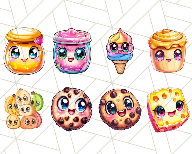 Puede incluir: Un conjunto de ocho personajes de comida de dibujos animados con caras lindas. Los personajes incluyen un tarro de miel, un tarro de slime rosa, un cono de helado, un pastel, un racimo de pl&aacute;tanos, una galleta con chispas de chocolate, otra galleta con chispas de chocolate y un bloque de queso.