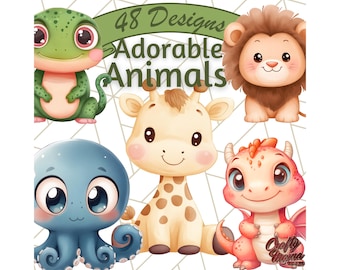 48 png, schattige dieren clipart png bundel, kawaii jungle, boerderij, bos, oceaan, gezelschapsdieren voor kinderen ambachten, kinderkamer kunst, digitale download