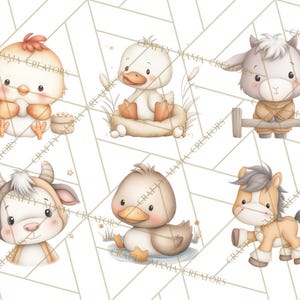 Peut inclure: Illustrations &agrave; l'aquarelle de six adorables animaux de la ferme : un poussin, un canard, une ch&egrave;vre, une vache, un canard et un poney. Chaque animal est repr&eacute;sent&eacute; dans un style mignon et cartoon avec des couleurs douces et des expressions douces. Le fond a un motif g&eacute;om&eacute;trique.