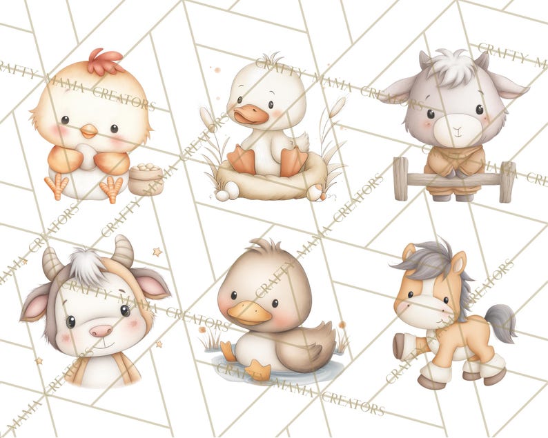 Peut inclure: Illustrations &agrave; l'aquarelle de six adorables animaux de la ferme : un poussin, un canard, une ch&egrave;vre, une vache, un canard et un poney. Chaque animal est repr&eacute;sent&eacute; dans un style mignon et cartoon avec des couleurs douces et des expressions douces. Le fond a un motif g&eacute;om&eacute;trique.
