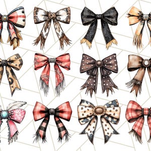 May include: Twelve different bow designs with various colors and patterns. The bows are all tied in a similar style with a center knot and two loops. The bows are all on a white background.