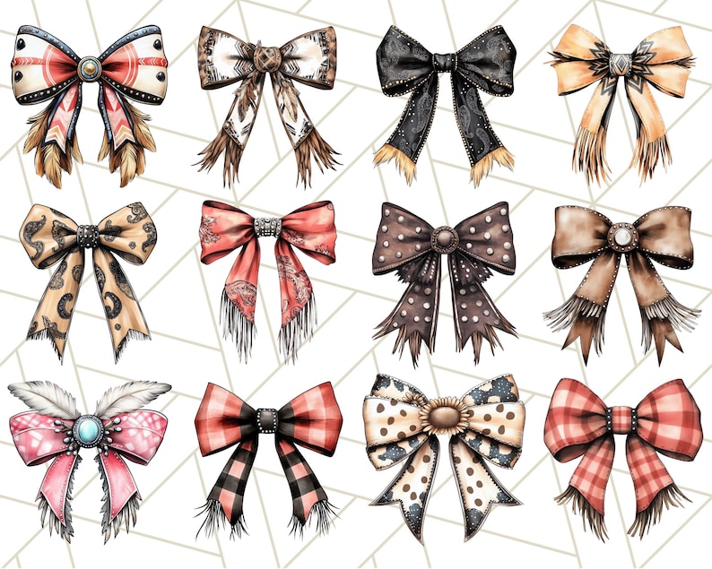 May include: Twelve different bow designs with various colors and patterns. The bows are all tied in a similar style with a center knot and two loops. The bows are all on a white background.