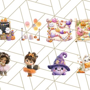 Pu&ograve; includere: Una collezione di illustrazioni stravaganti a tema Halloween. Le immagini includono fantasmi, zucche, mappe e personaggi in costume. La tavolozza dei colori presenta tonalit&agrave; arancioni, viola e rosa, con uno sfondo geometrico bianco.