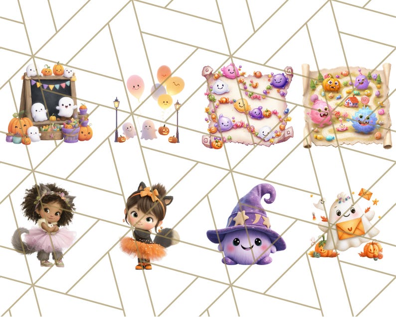 Pu&ograve; includere: Una collezione di illustrazioni stravaganti a tema Halloween. Le immagini includono fantasmi, zucche, mappe e personaggi in costume. La tavolozza dei colori presenta tonalit&agrave; arancioni, viola e rosa, con uno sfondo geometrico bianco.
