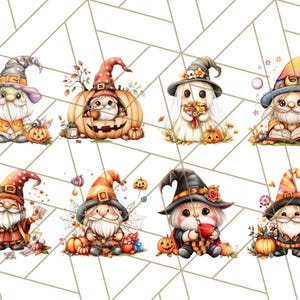 May include: Eight adorable gnomes dressed in Halloween costumes. Each gnome is wearing a different hat and holding a different prop. The gnomes are surrounded by pumpkins, candy, and other Halloween decorations.