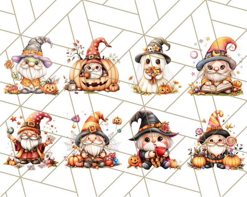 May include: Eight adorable gnomes dressed in Halloween costumes. Each gnome is wearing a different hat and holding a different prop. The gnomes are surrounded by pumpkins, candy, and other Halloween decorations.