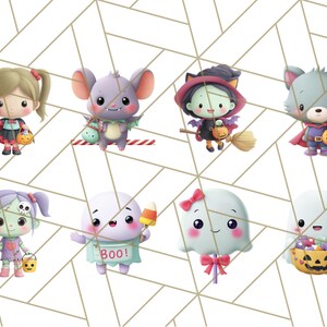 May include: A collection of eight cartoon Halloween characters. The characters include a girl with a bat, a bat, a witch, a wolf, a zombie, a character with a "Boo!" sign, a ghost with a bow, and a ghost with a candy basket. The characters are set against a white and gold geometric background.
