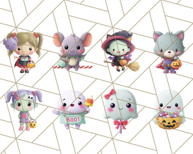 May include: A collection of eight cartoon Halloween characters. The characters include a girl with a bat, a bat, a witch, a wolf, a zombie, a character with a "Boo!" sign, a ghost with a bow, and a ghost with a candy basket. The characters are set against a white and gold geometric background.